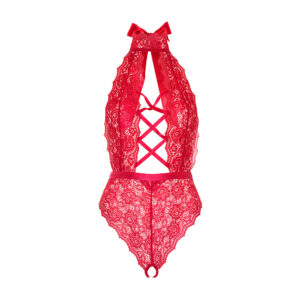 Leg Avenue Floral Lace Crotchless Teddy Red